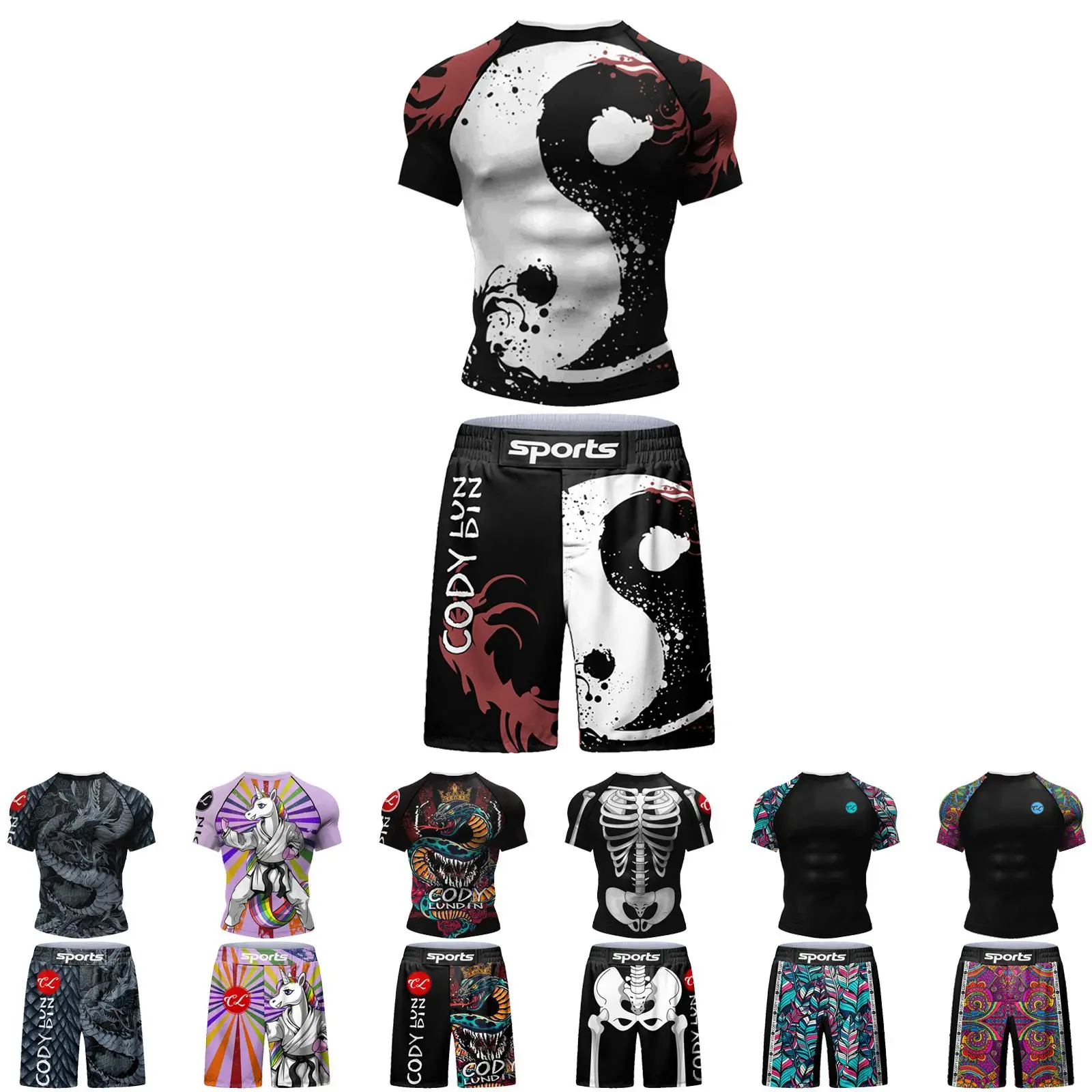 Men's 2-Piece Rashguard & Grappling Shorts Set, Fitted Compression Athletic Workout Wear for BJJ & MMA - Lightweight Breathable, UPF 50+, Activewear Shorts Set, Fitted Sportswear Set