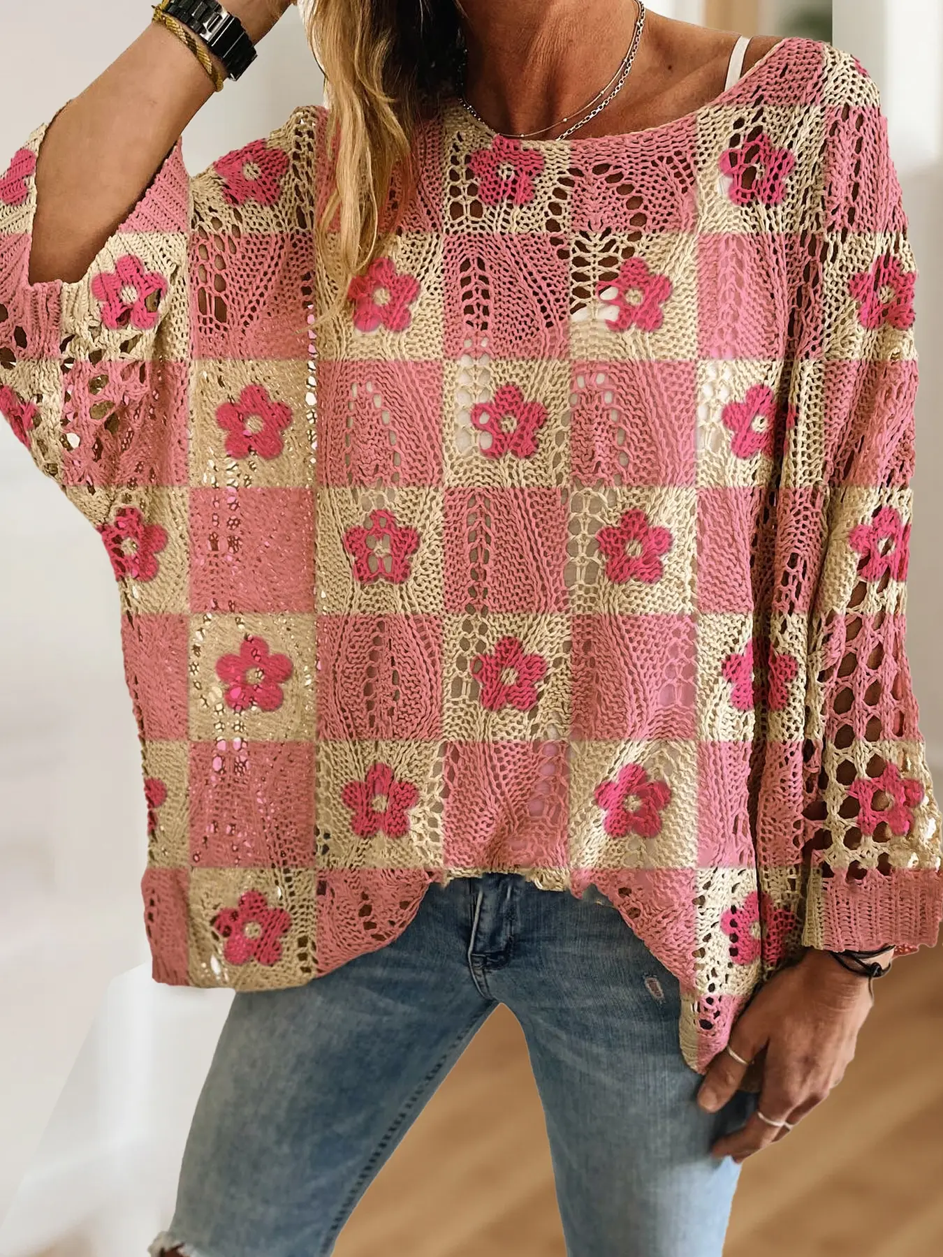 Women's Geometric Plaid Floral Print Long Sleeve Knit Hollow Out Short Top, Casual Elegant Vacation Style Sweater, Womenswear, Valentine's Day Fashion