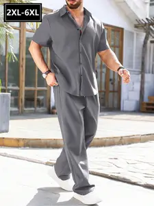 Men's Plus Size Two-Piece Set, Breathable Lightweight Short Sleeve Shirt + Elastic Waist Long Pants, Summer Beach Casual Streetwear
