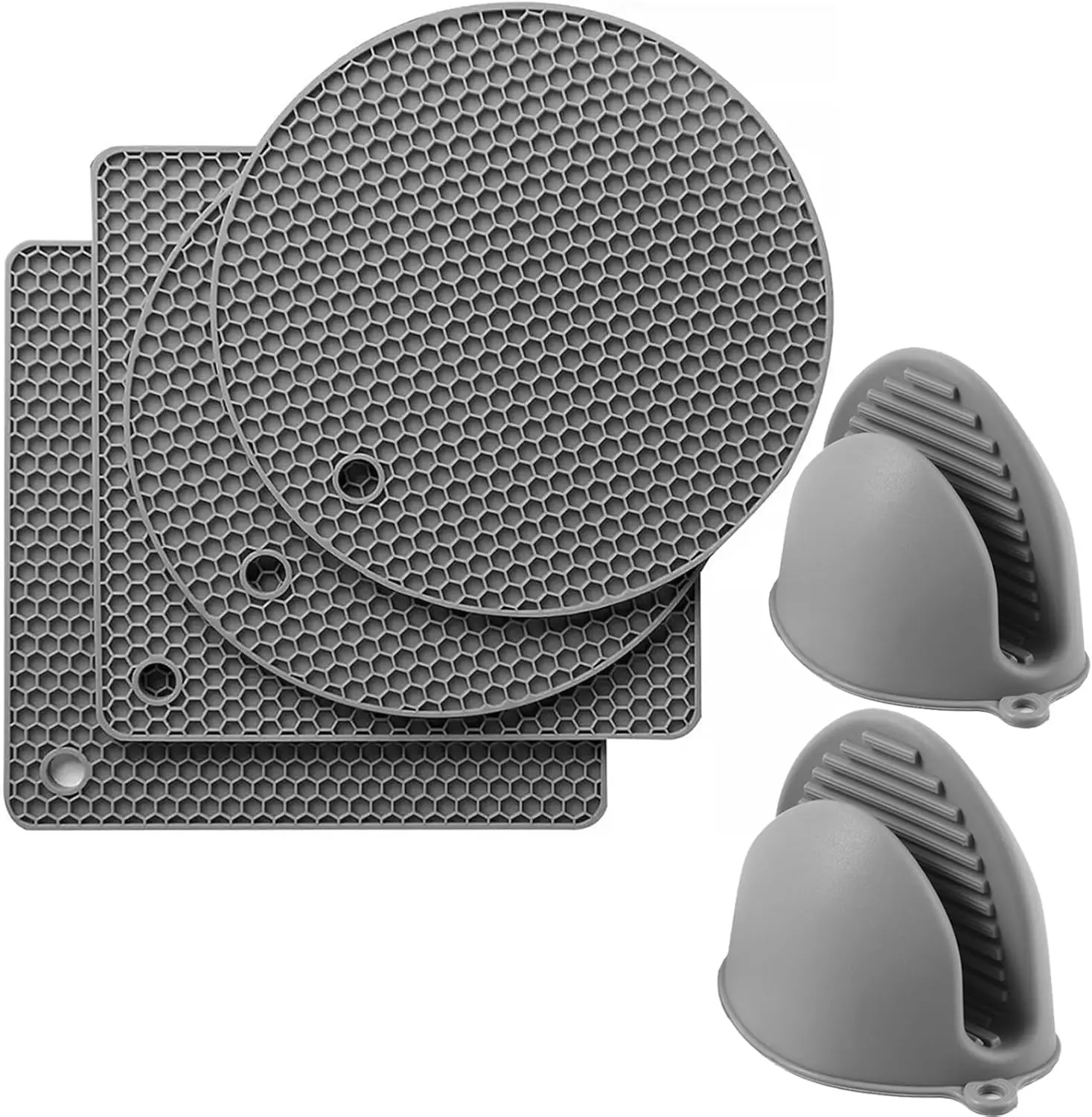 6PCS Silicone Oven Mitts and Pot Holders Sets - 2 x Pot Holders for Kitchen Heat Resistant, 2 x Silicone Trivet for Hot Dishes, 2 x Non-Slip Mini Oven Gloves, Grey