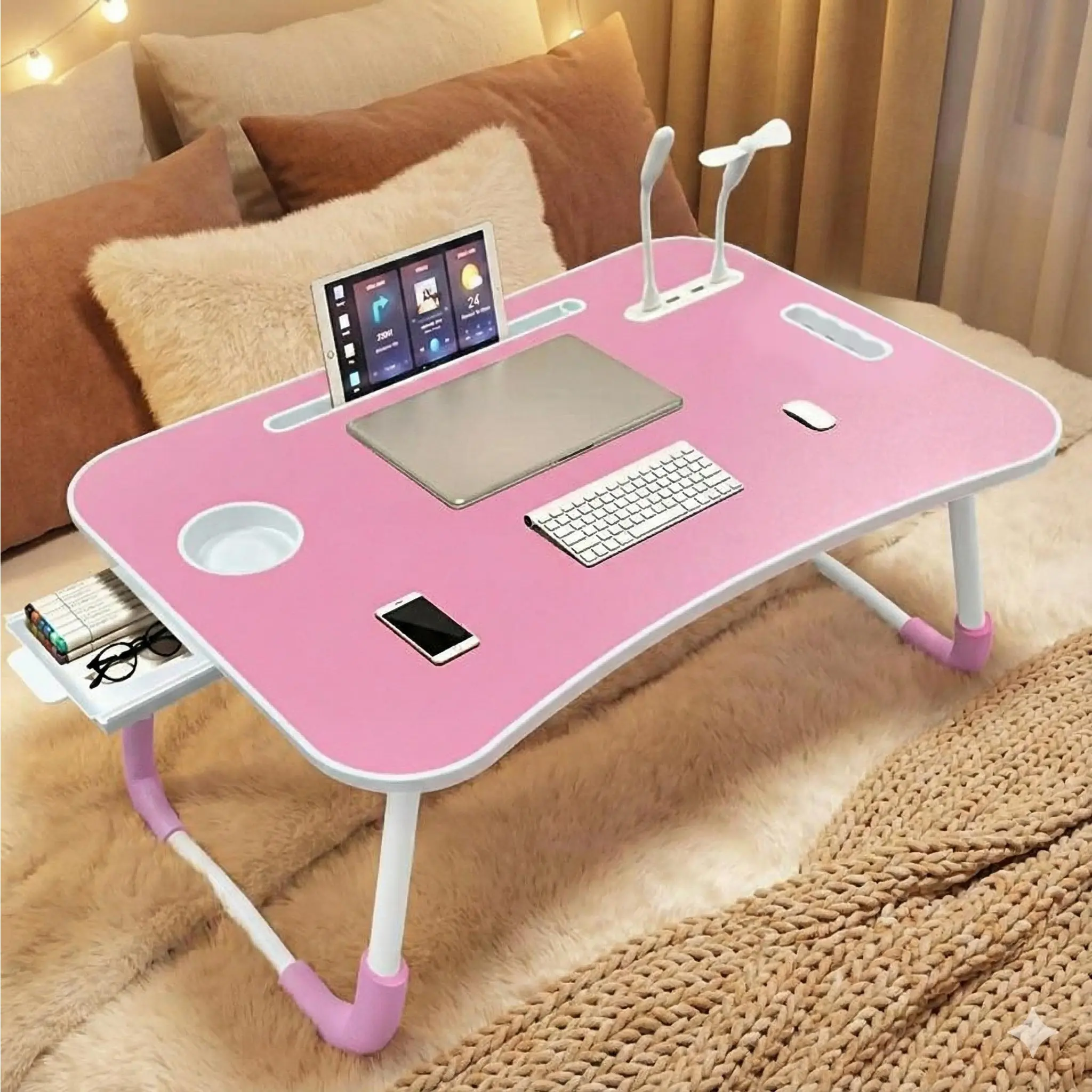 Ultra Large Foldable Laptop Desk - Durable Indoor Furniture with Cup Holder, Drawer, USB Ports, Fan, Light, Stable Curved Surface for Bed, Sofa, Picnic, Watch Party - Multi-Functional Kids Desk for Comfortable Experience