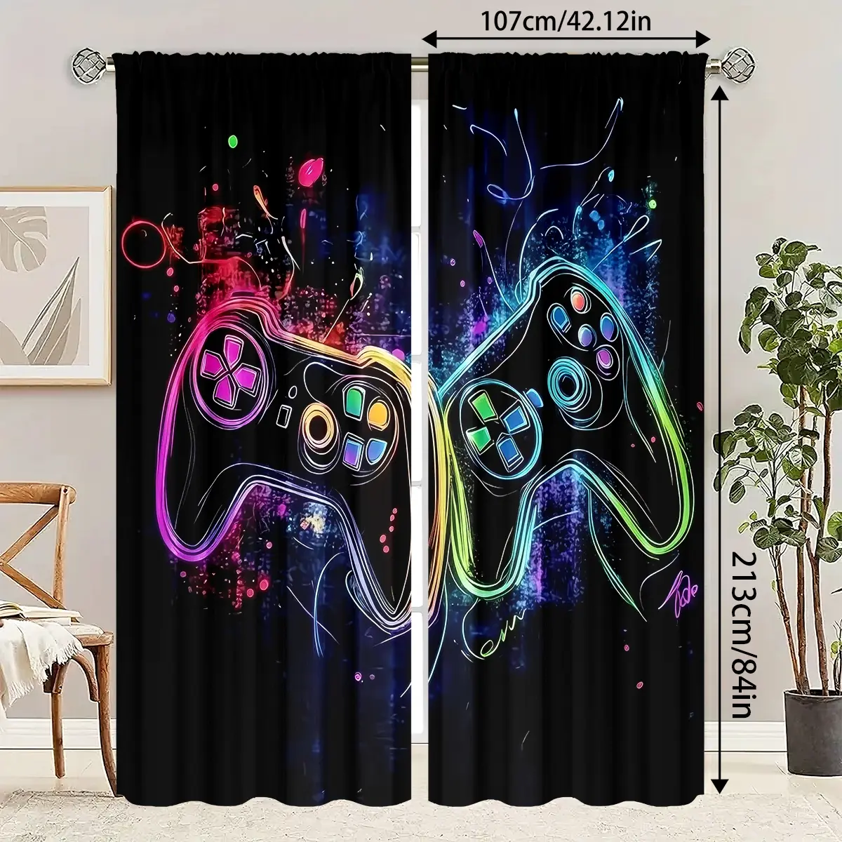 2-piece game controller graffiti curtains, durable semi transparent polyester material curtains that can be washed, suitable for bedrooms/living rooms/study rooms, and are an ideal choice for home decoration Interior Decoration Accessories Window Curtain