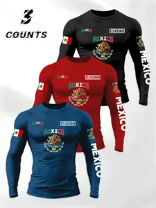 Men's Casual Long Sleeve Fitted T-Shirt Set, Trendy Mexican Eagle Snake Graphic Print, Street Fashion Style, Lightweight Spring Fall Pullover