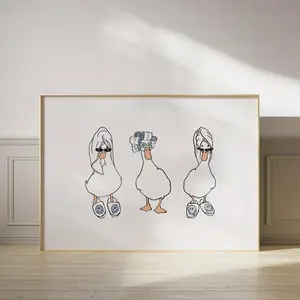 Ducks Towel Cowboy and Curlers *it girl* Art Print White and Blue *SHOWER HEAD* Bathroom Cute Trendy Printable Wall Art *horizontal*,  Poster Unframed 5 Size, 8x12 to 27x40 inch