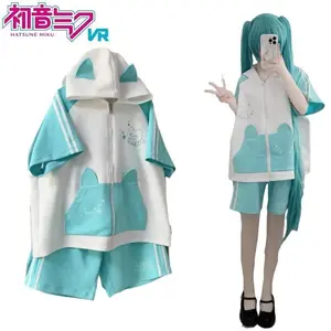 Hatsune Miku Hooded Short Sleeve Tracksuit Cat Ears Cartoon Hatsune Miku Drawstring Shorts Girls Holiday Gifts Casual Fashion