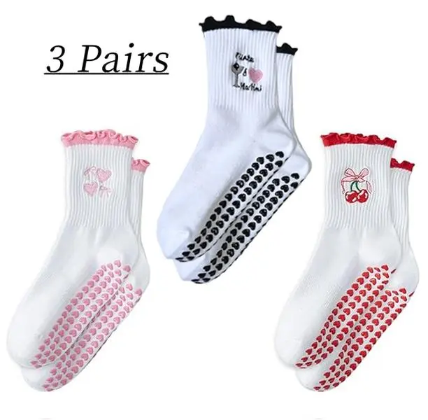 3 Pairs Cotton Non Slip Pilates Yoga Socks Ruffle Frilly Grip Socks Comfort Crew Socks for Women Barre Workout Daily Use, Gripsocks, Training Low Socks