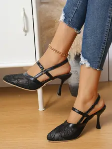 Lace Mesh Pointed Toe High Heel Sandals, Women's Narrow Heel Back Strap Buckle Shoes, Elegant Hollow Out High Heels