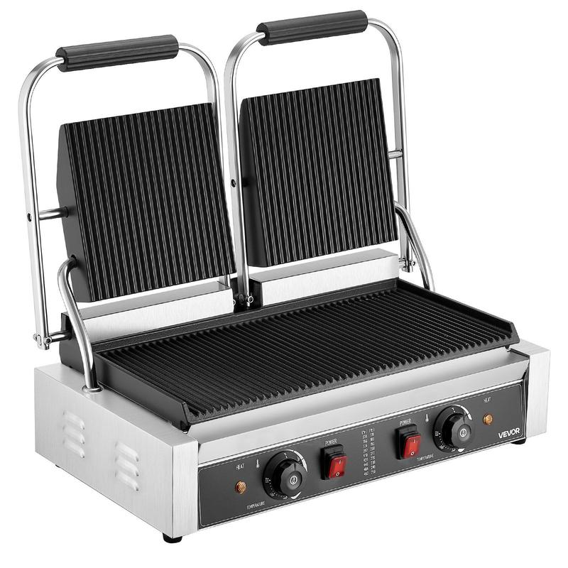 Commercial Panini Grill, 3600W Electric Sandwich Panini Maker, Stainless Steel Double Sandwichs Press with Handle and Temp Control, 19x9 in Full Grooved Enamel Plate, for Hamburger Steak Bacon