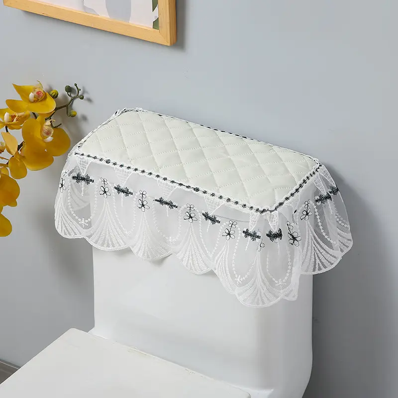 Universal Toilet Tank Cover Dustproof Quilted Lace Embroidered Tank Sleeve Semi/Full Wrap Hidden Stain Decorative Protector Reusable Washable Soft Fabric Water Resistant Bathroom Vanity Tank Dust Cover Multiple Solid Color Options Household Restroom