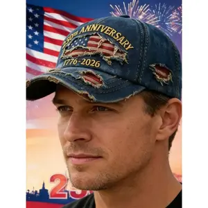New Patriotic 250th Anniversary (1776-2026) Embroidered Details Denim Hole Baseball Cap, Fitted Party Style Festive Hat, All Seasons Wear