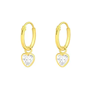 Gold Plated 925 Silver Hoop Earrings with Hanging Heart CZ Crystal