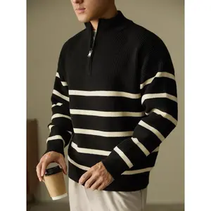 Men's Striped Print Half Zipper Funnel Neck Sweater,  Casual Drop Shoulder Long Sleeve Jumper for Fall & Winter, Men's Knitwear for Daily Wear