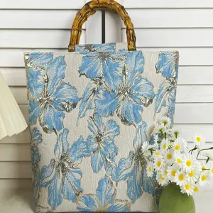 Large Handbag with Bamboo Handle and Floral Embroidery, Fashion Commuter Bag, Fabric, Ultra Large Capacity, Zip Closure, Fashionable Bling Bag