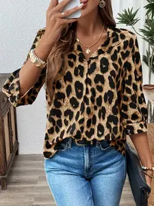 YYTK2025DEC022 Women'S Leopard Print Long Sleeve Blouse - Stylish Black Floral Design, Ruched Detail, Casual Crew Neck, Lightweight Polyester for Spring/Summer/Fall, Ladies Blouse, Autumn Fashion Top, European & American Style, New Arrival at Walmart