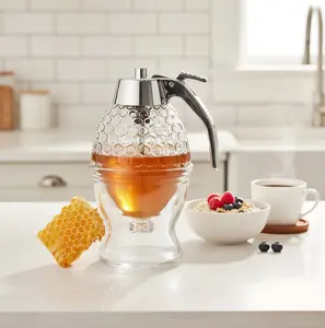 Acrylic Honey Dispenser, Chrome-Plated ABS Lid – No Drip 8 oz Honey Jar – Honeycomb Design Container – Honey Pot for Honey, Maple Syrup Bottles Baking Organiser Tin kitchen gadgets