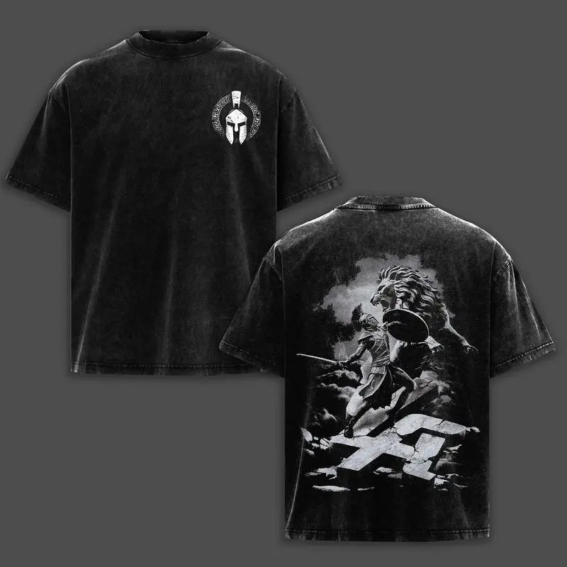 Retro Vintage Gladiator Washed Tee Spartan Lion Heavyweight Cotton T-Shirt Unisex Oversize Streetwear Menswear Classic Clothes