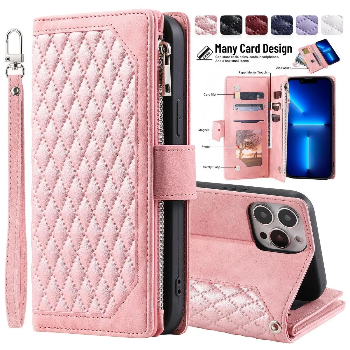 For iPhone 17 16 Pro Max 15 14 Plus 13 12 Luxury Retro Zipper PU Leather Wallet Case Card Holder Shockproof Flip Stand Cover