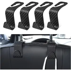 Car Back Seat Headrest Hooks, 4 Pack Carbon Fiber Stylish Back Seat Hanger for Car Handbag Clothes Coats Grocery Bags, Car Interior Accessories (Carbon Fibre/Black)