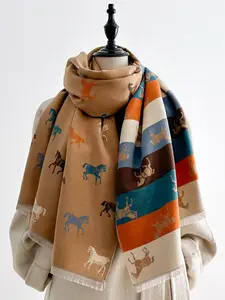Colorful Horse & Stripes Print Shawl, Soft Warm Shawl, Soft Fitted Scarf for Fall & Winter, Fashion Accessory for Women & Girls, Perfect Gift