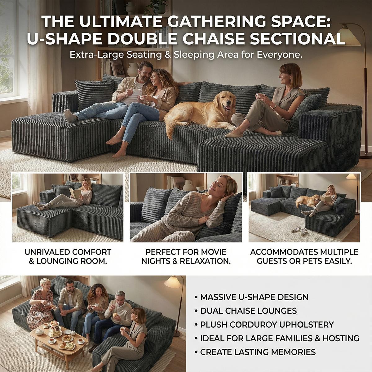 Oversized U-shaped boneless sofa with modular design for free combination, providing a deep sense of coverage and comfortable cloud corduroy fabric; Modern minimalism, no need for assembly; Suitable for living rooms, bedrooms, and other occasions