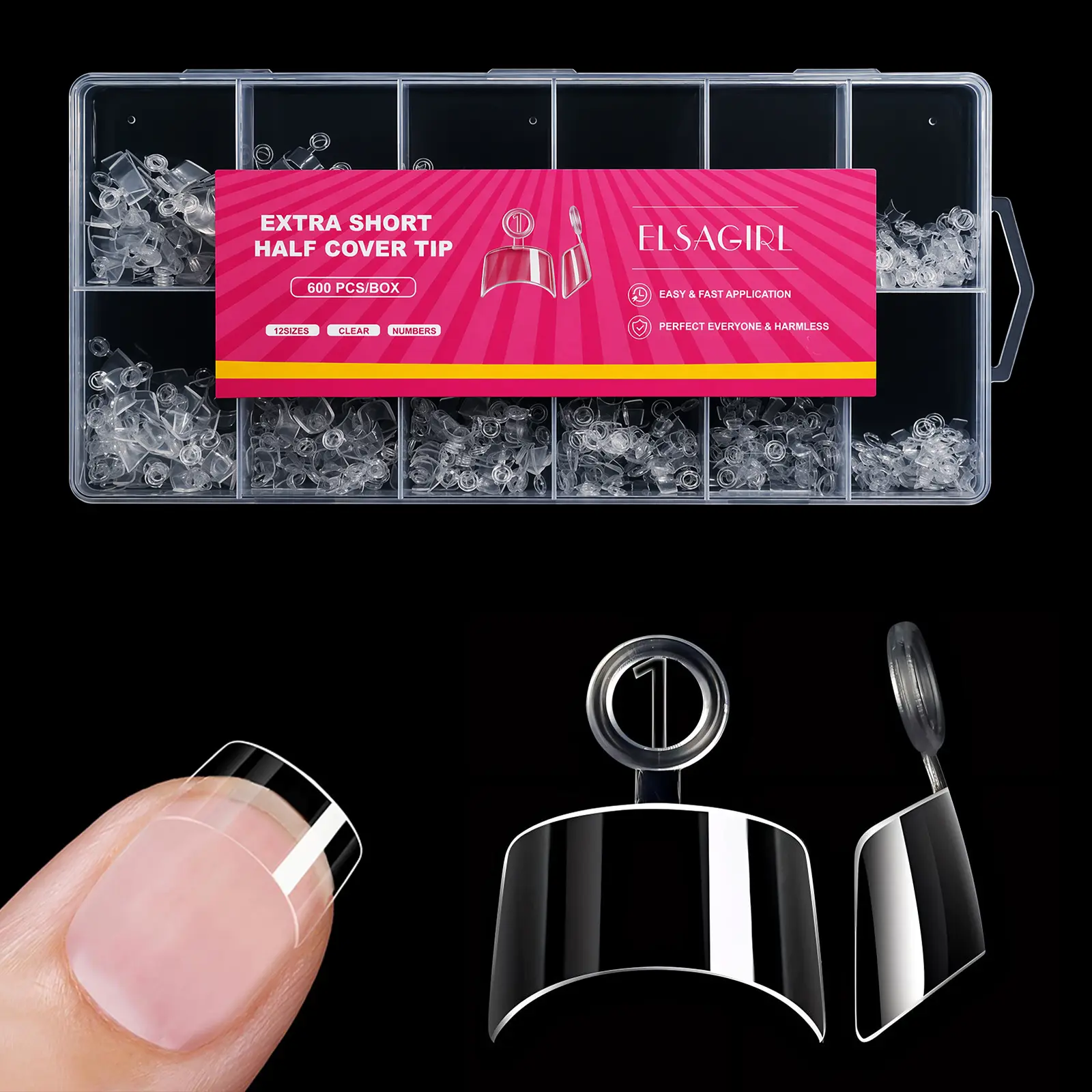 600Pcs Extra Short Half Cover Tapered Square Nail Tips Gel x Clear Set, Pre Shape XXS for Manicure Art Home DIY Salon 12Sizes