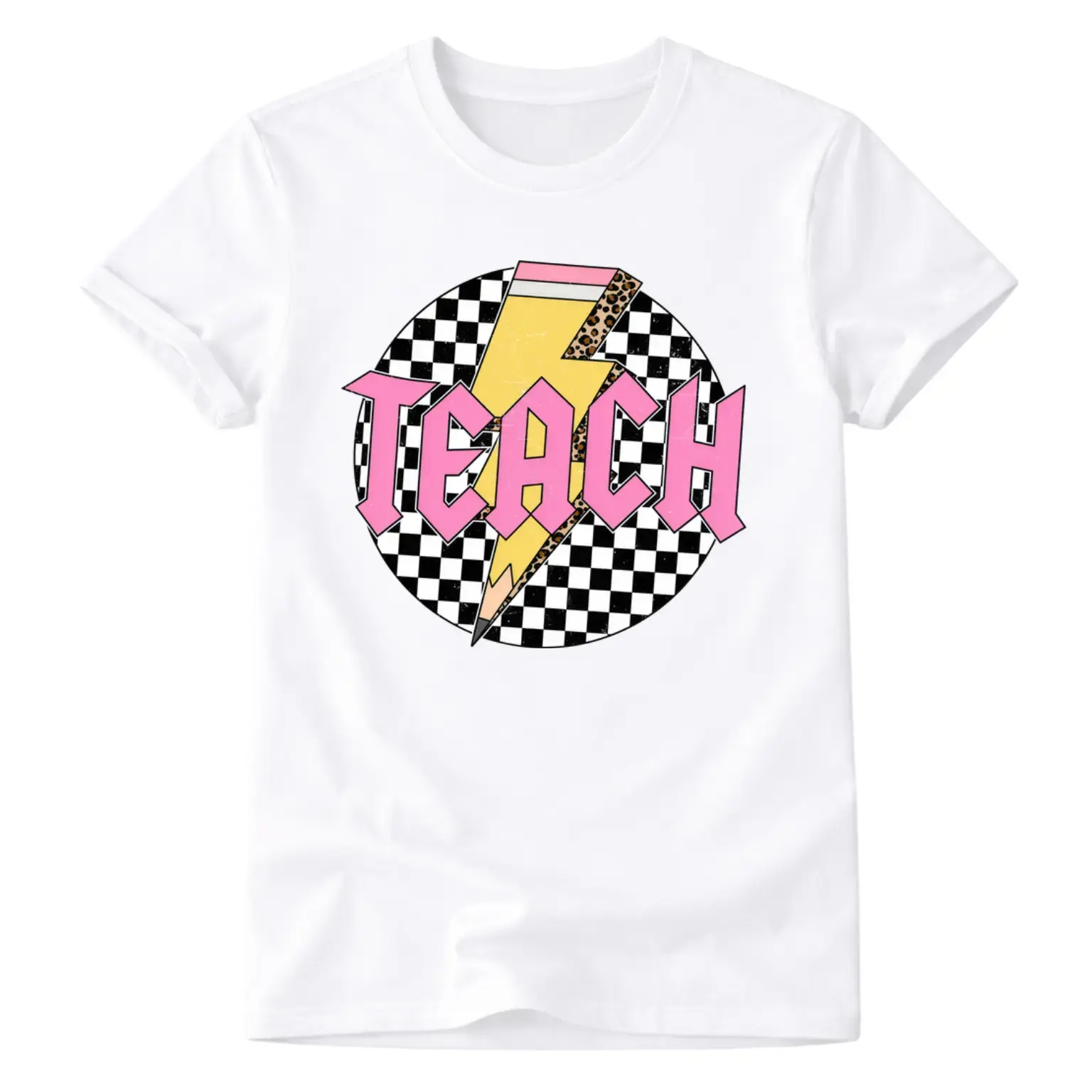 Women'S Heavyweight TEACH Pattern T-Shirt - Plaid Pattern Casual Street Style Top, Teacher Spring/Summer Outfit, Teacher T-Shirt, Teacher Fashion, Loose Fit T-Shirt, Soft Fabric Shirt