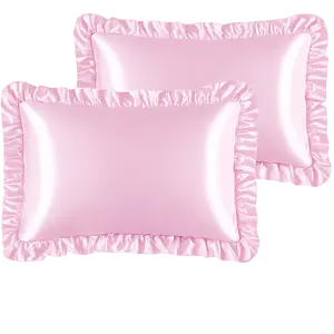Silky Satin Ruffled Pillow Cases for Hair and Skin,Pink Silk Pillowcases Standard Set of 2 with Envelope Closure Princess Room Decoration