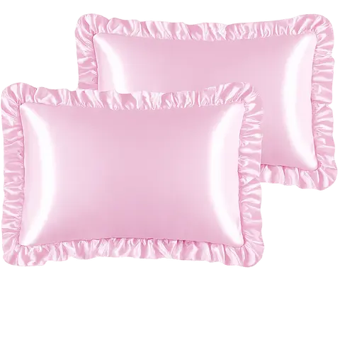 Silky Satin Ruffled Pillow Cases for Hair and Skin,Pink Silk Pillowcases Standard Set of 2 with Envelope Closure Princess Room Decoration