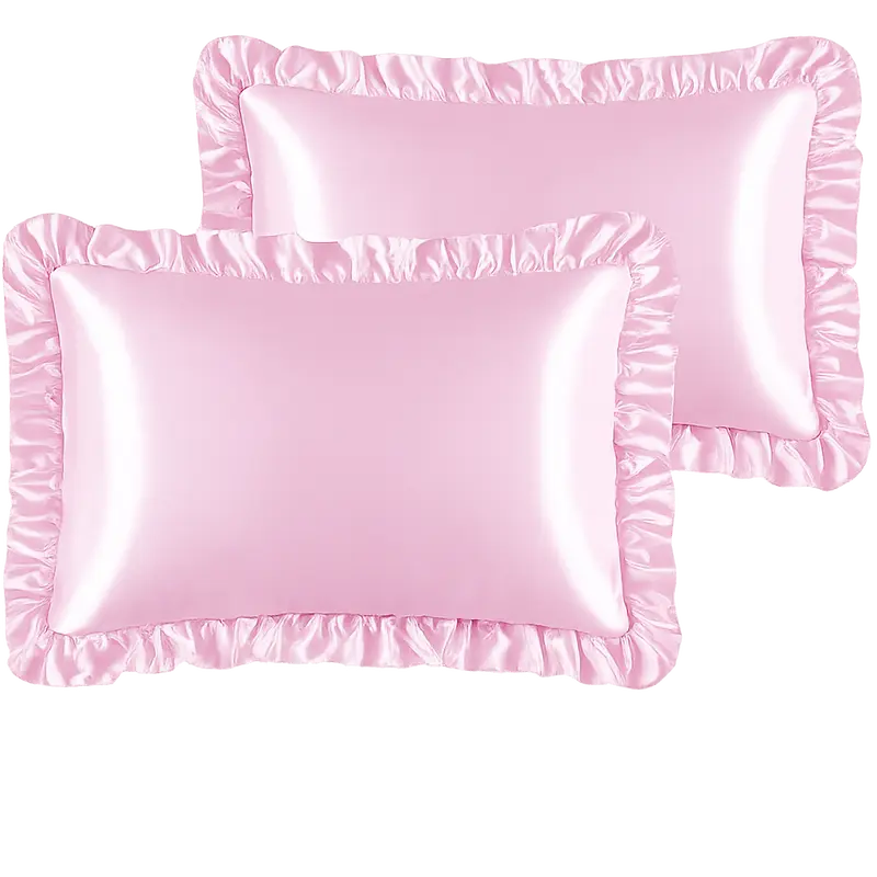 Silky Satin Ruffled Pillow Cases for Hair and Skin,Pink Silk Pillowcases Standard Set of 2 with Envelope Closure Princess Room Decoration