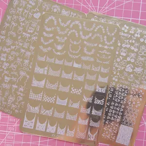 Nail Stamping Plate – French Line with patterns, Cherry & Bow Designs | Nail Transfer Printing Tool for DIY Manicure