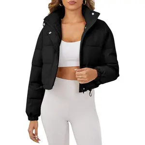 Women's Cropped Puffer Jacket Long Sleeve Puffy Coat Stand Collar Zip Up Quilted Padded Drawstring Outwear with Pockets