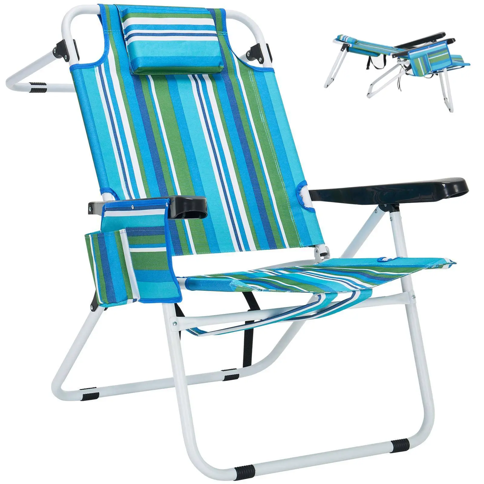 Docred Folding chair for Adults, Tall&Low 17" High Backpack 5-Position with Cooler Bag & Cup Holder, Supports 400 lbs, Heavy Duty Lay Flat Reclining for Beach, Patio, Camping, Tanning, Outdoor, Ball games