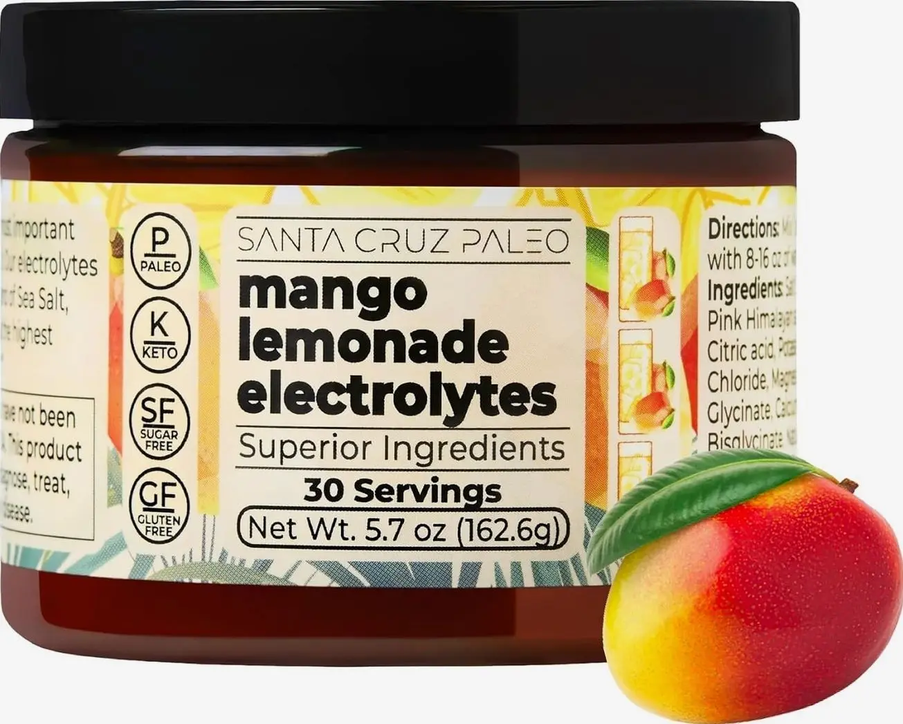Santa Cruz Paleo Electrolyte Powder, Mango Lemonade, Sugar Free Hydration Drink Mix with Himalayan Pink Salt, Sea Salt, Magnesium Glycinate, Potassium Chloride, Sweetened with Stevia, 30 Servings