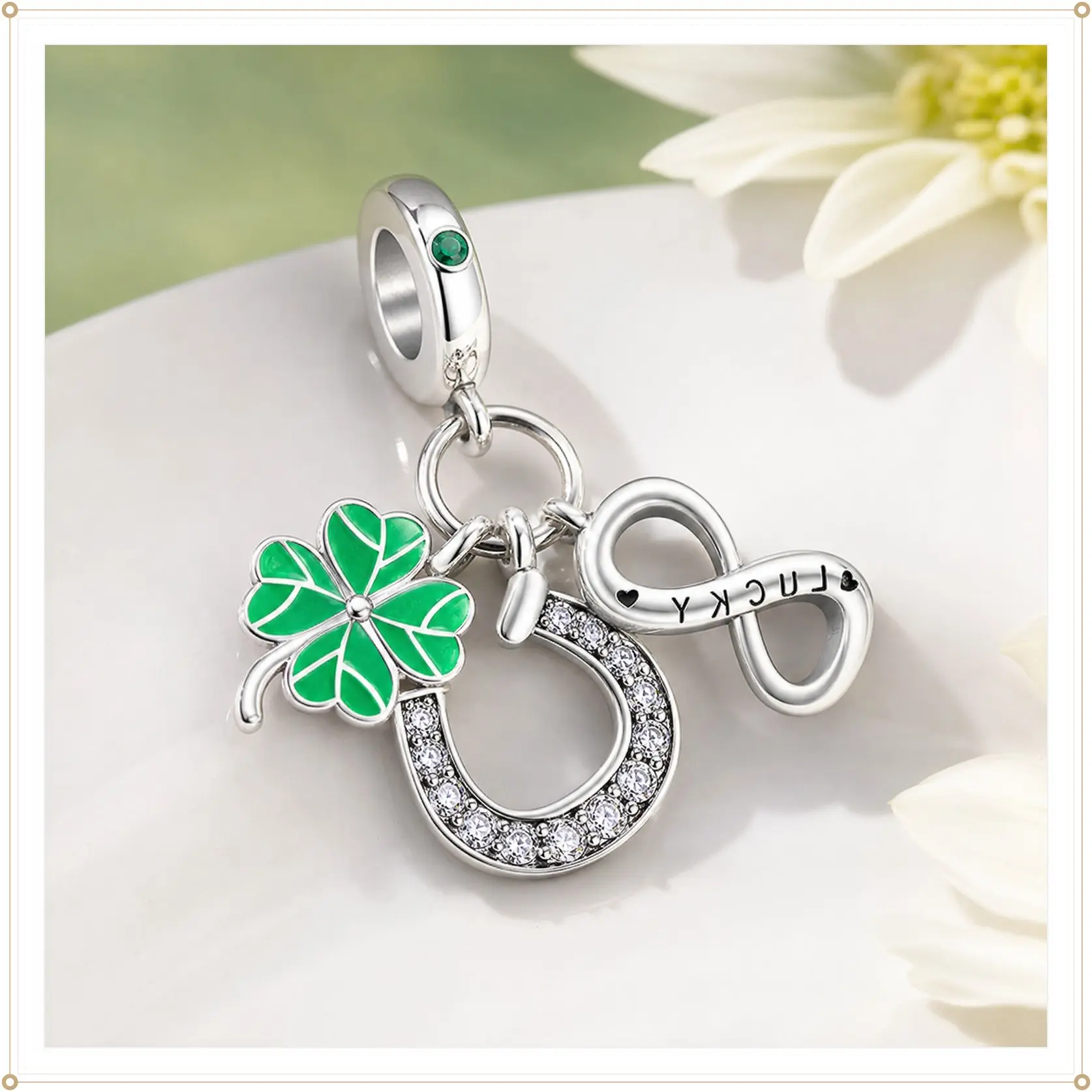 MULA Lucky Charm Pendant with Clover, Horseshoe & Infinity Symbols, 925 Silver-Plated with Zircon, Pandora Compatible, Graduations, Birthday & Mother's Day Gift for Girls, Girl