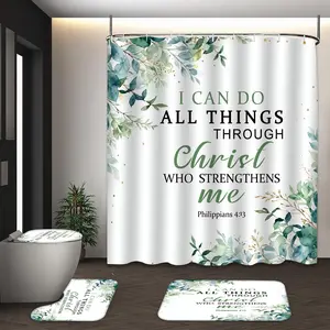 LVRLVR 4Pcs Philippians 4:13 Bible Verse Green Eucalyptus Leaf Print Minimalist Farmhouse Multi-Color Shower Curtain Set 70.8×70.8 Inch