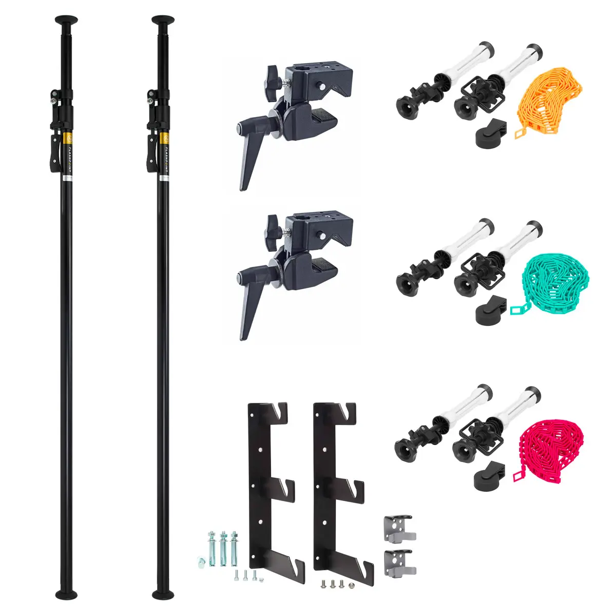 Flashpoint Deluxe Adjustable Telepole Support System Pair - Camera Equipment Bundle with Super Clamp, 3x TeleDrive with Chain, 2x Background Triple Hooks, Lights, Grip, Mount
