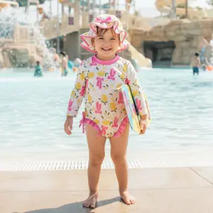 Baby Girl Swimsuit Set Lemon Bow Flower Rash Guard Long Sleeve Zip-up Back Bathing Suit with Cap 2 Piece Set