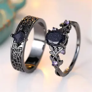 Royal Blue Crystal Oval Stone Purple Zircon Ring Sets For Women Black Metal Engagement Bands Wedding Jewelry Set Versatile Gifts