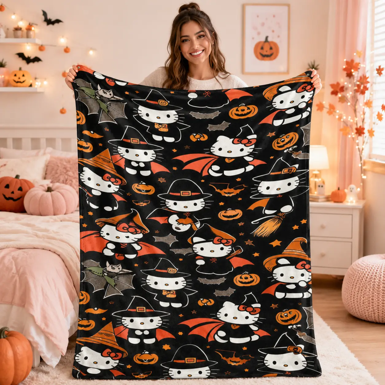 Cute Halloween Cartoon Cat Flannel Throw Blanket, Soft Cozy Fleece Blanket for Kids Girls Women, Pumpkin Bat Witch Fall Blanket for Couch Sofa Bed Home Decor Gift