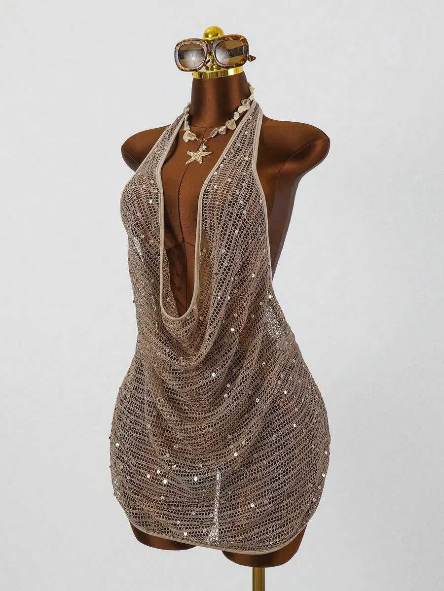Women's Sequin Halter Backless Dress Hollow Out Mesh Sparkly Bling Mini Dress Sexy Clubwear Party Dresses Beach Cover Up Festival Rave Outfit
