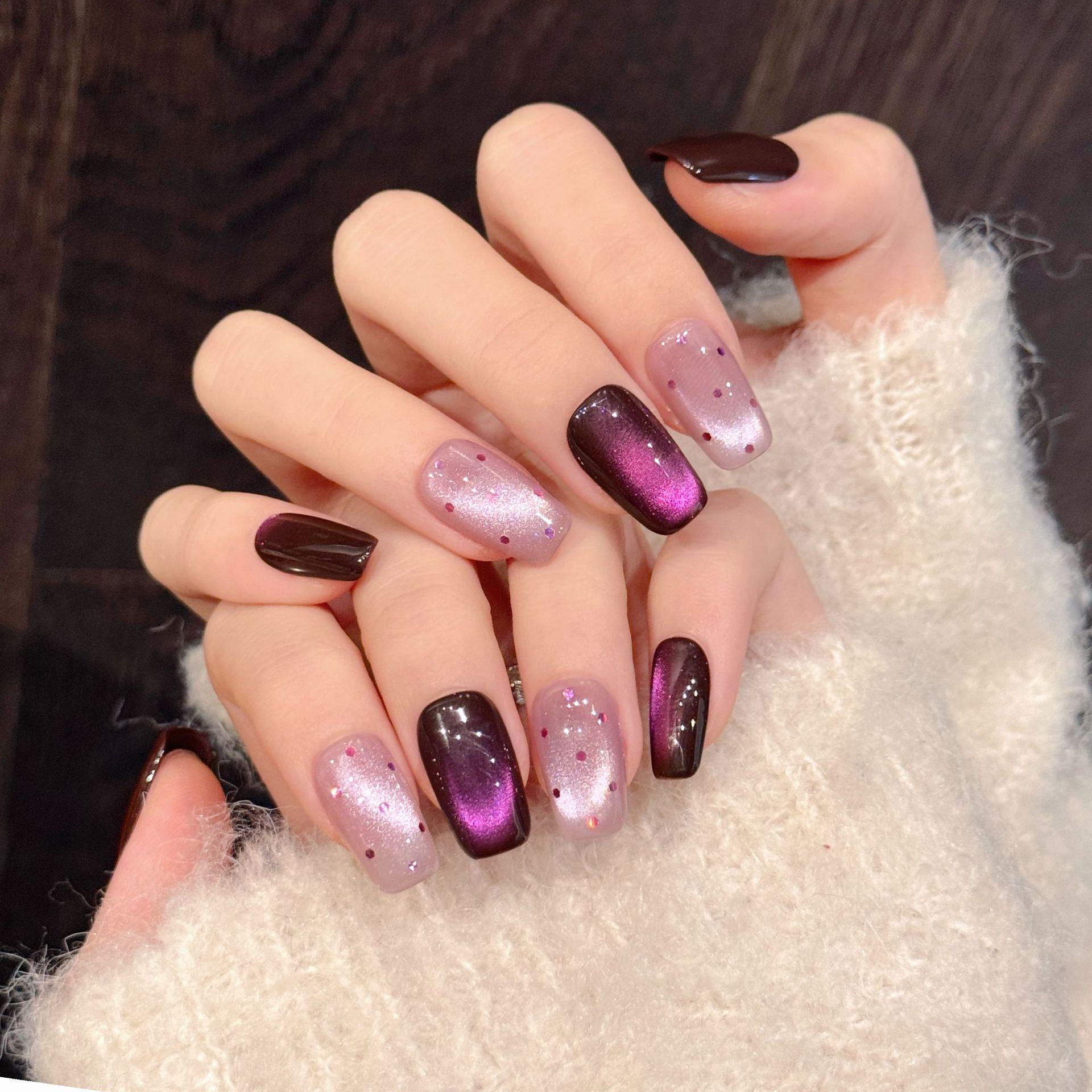 【Lucy UU】Gorgeous Grape Purple Cat Eye Press On Nails With Rhinestone Dots Short Square New Medium Square Shape Handmade Reusable Luxury Fake Nail For Women