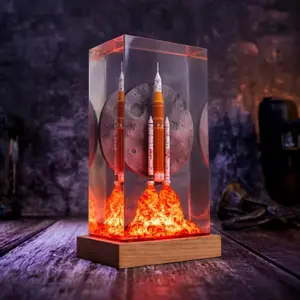 3D Rocket Launch Resin Sculpture Space Shuttle Moon Diorama Wood Base Home Decor Desk Shelf Decoration Modern Space Art Unique Gift for Space Lovers
