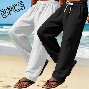 2-pack summer men’s high-street cotton-linen casual pants—trendy, versatile style with breathable, skin-friendly linen fabric for a cool, comfortable feel. Elastic drawstring waistband adds personality and attracts attention. Loose wide-leg fit allows fre