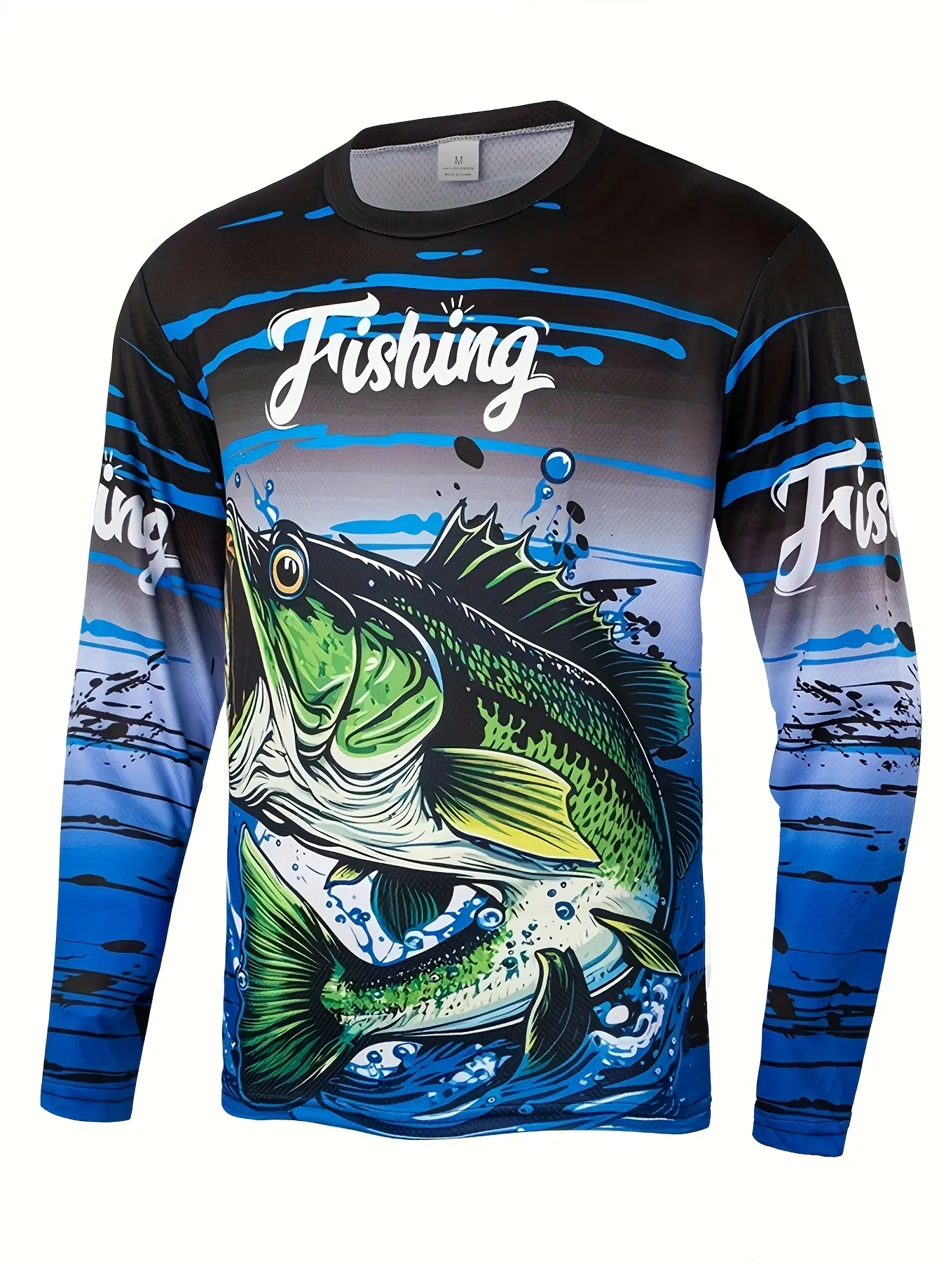 Men's Long Sleeve Fishing Print T-Shirt, Casual Sports Jersey, Sportswear Top, Casual Sports Tops, Casual Sporty Top, Gradient Blue Design, Round Neck Top, Ideal for Outdoor Fishing Hiking Sports