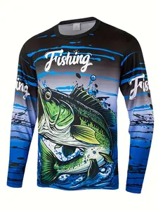 Men's Long Sleeve Fishing Print T-Shirt, Fishing Clothes, Gradient Blue Design, Round Neck Top, Ideal for Outdoor Fishing Hiking Sports