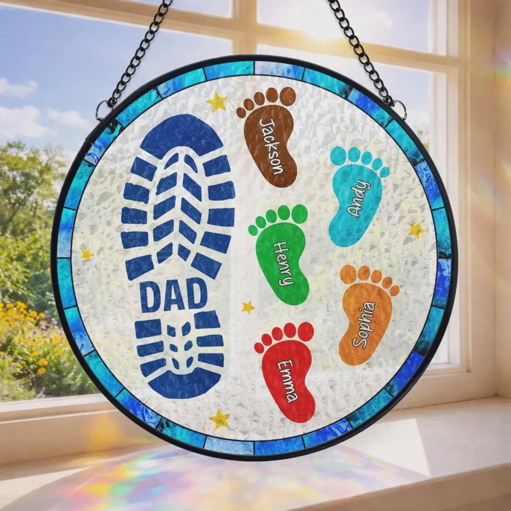 [Made in US] Personalized Stained Glass Suncatcher, Custom Footprint Dad Gift