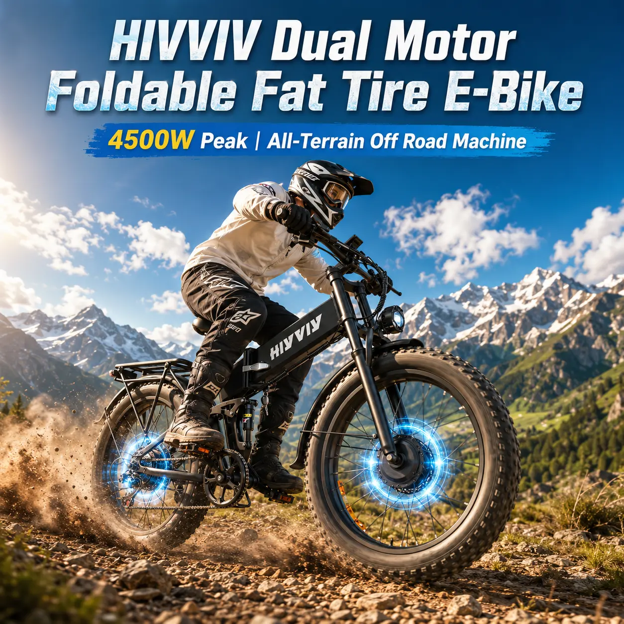 HIVVIV Adult Foldable Fat Tire E-Bike, 4500W Peak Dual Brushless Hub Motor, 48V21AH UL Removable Battery (80 Mi Range), Full Suspension, Dual Hydraulic Disc Brakes, 26×4.0 All-Terrain Design, 330LBS Max Load for Off-Road Commute
