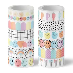 12 Rolls Washi Tape Composition Notebook Classroom Decor Pastel Smile Rainbow Decorative Masking Tape Set Preppy Wrapping Paper Tapes for  to School Scrapbook Journal DIY Art Crafts