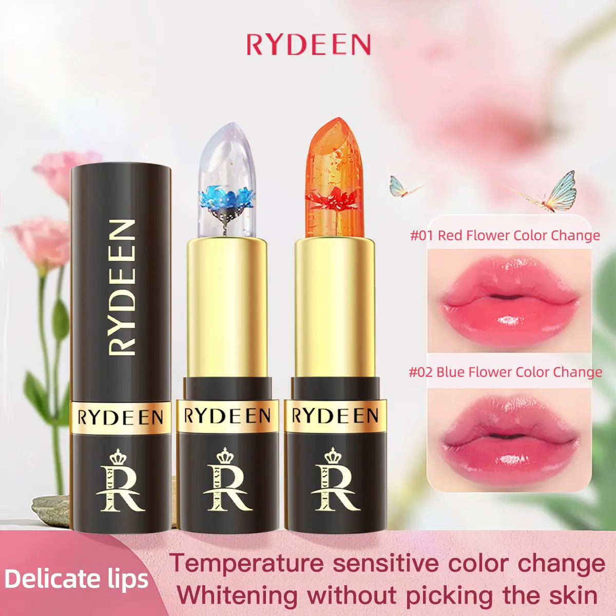 1 RYDEEN Flower Temperature Changing Lipstick Long-lasting Moisturizing Color Changing Alcohol-free Not Easy to Stain or Fade Lipgloss