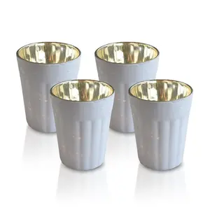 BLOWOUT 4 Pack | Vintage Mercury Glass Candle Holders (3.25-Inch, Katelyn Design, Column Motif, Antique White) - For Use with Tea Lights - For Home Decor, Parties and Wedding Decorations